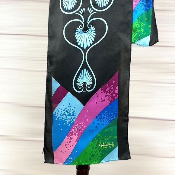 Rush Limbaugh Vintage Silk Black with Blue Pink Green Hand Rolled Scarf - Picture 5 of 13